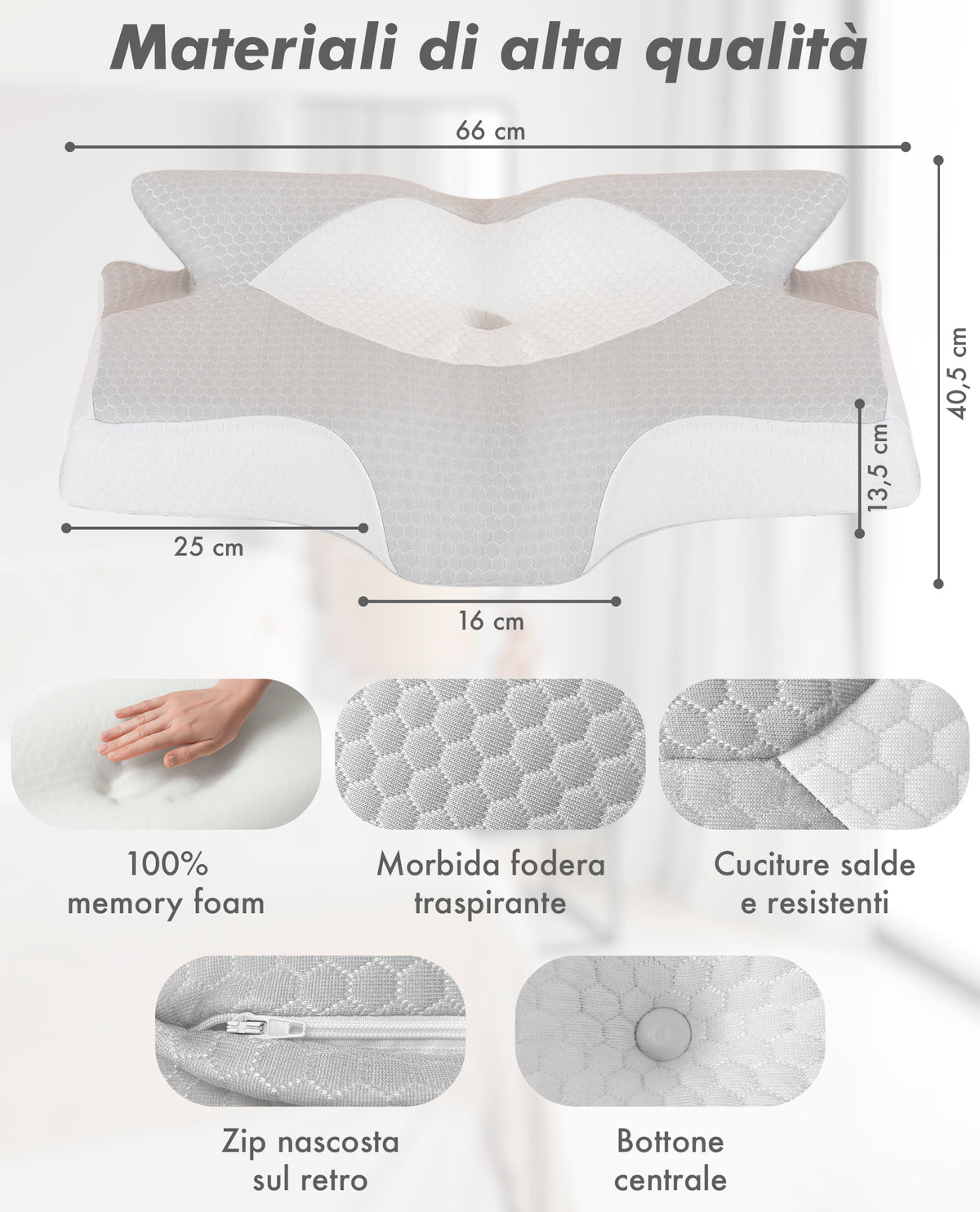 Cuscino Farfalla 6 Zone Ergonomico In Memory Foam 2 In 1 Ortopedico Guanciale Collo Supporto Cervicale Braccio Sotto Sfoderabile Lavabile Dormire Lateralmente Pancia Schiena