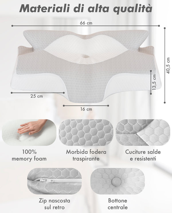 Cuscino Farfalla 6 Zone Ergonomico In Memory Foam 2 In 1 Ortopedico Guanciale Collo Supporto Cervicale Braccio Sotto Sfoderabile Lavabile Dormire Lateralmente Pancia Schiena