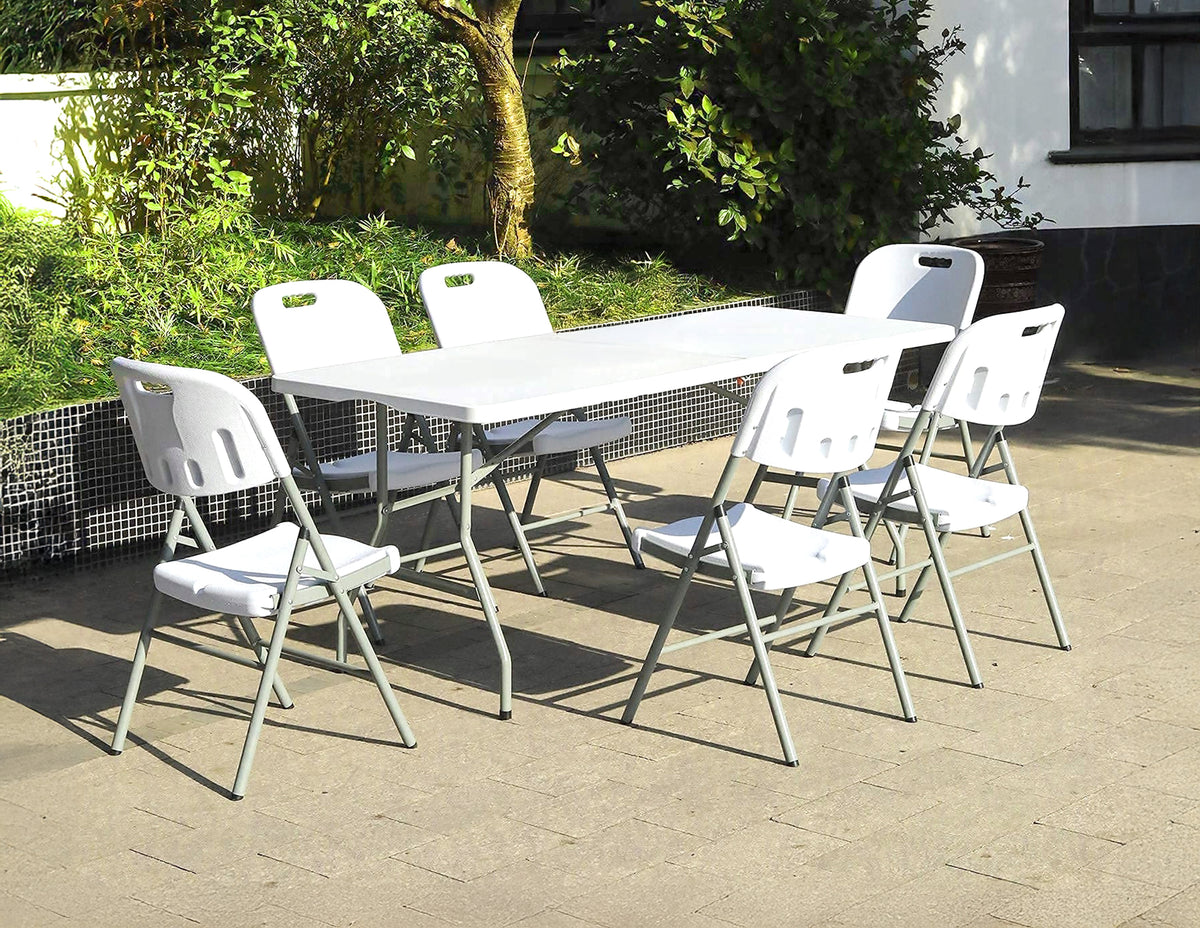 Set Tavolo + 6 Sedie Pieghevoli Da Giardino Terrazzo Struttura Robusta In Acciaio Resistenti Facilmente Trasportabili Colore Bianco Set Birreria Feste Campeggio Estate