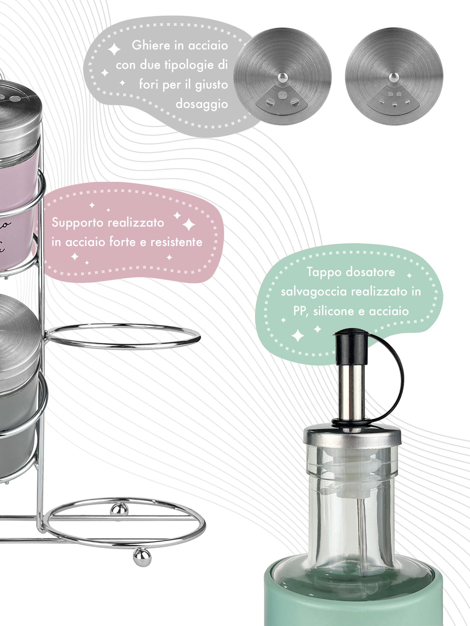 Set 4 Olieri In Acciaio Inox Per Olio, Aceto, Sale E Pepe - Porta Spezie Da Tavolo Per Cucina - Foto 9