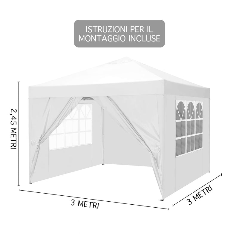 Gazebo 3 x 3 M Impermeabile Uv Resistente Con Pareti Laterali 2 Porte Con Cerniera E Finestre Pieghevole Struttura Acciaio