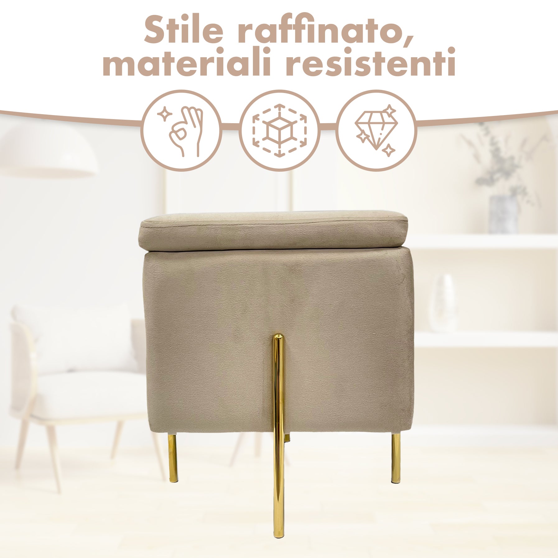Preziosa Home Pouf Contenitore Maxi In Velluto 60x60x30 Cm, Portata 200kg, Colore Oro