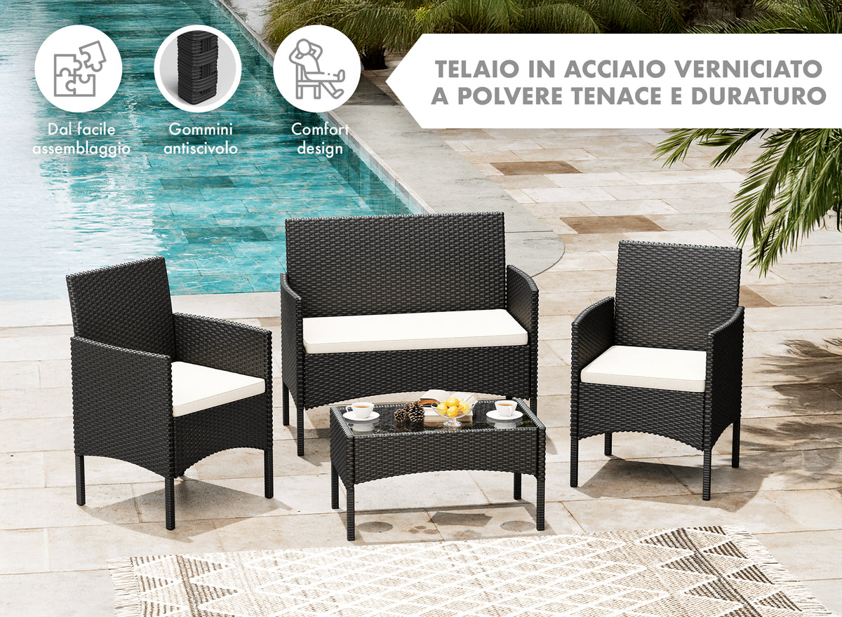 Salotto Da Esterno In Rattan 2 Poltrone 1 Divano 1 Tavolo Giardino Esterno Con Cuscini Terrazzo Patio Salotto Relax Primavera Estate  Mobili Estivi 4 Posti Tavolo Ripiano In Vetro