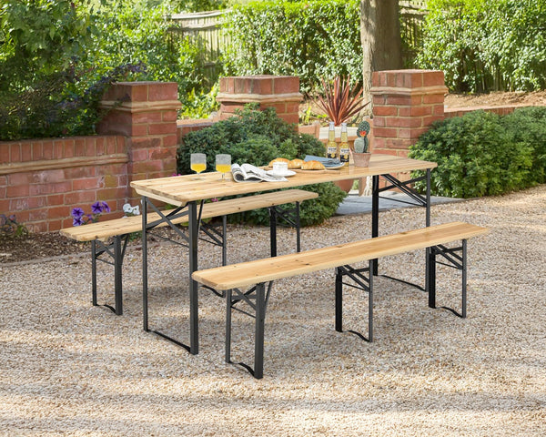 Set Birreria 220 x 70 Cm XXL 10 Posti 3 Pezzi 2 Panche 1 Tavolo Pieghevole Panca Da Feste Sagra Legno Abete Struttura Acciaio Richiudibile Feste Giardino Festa Birra