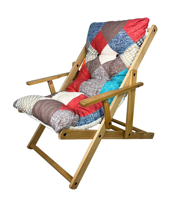 Poltrona Sedia Sdraio Relax 3 Posizioni in Legno Patchwork Pieghevole con Cuscino Imbottito per Ambienti Interni ed Esterni