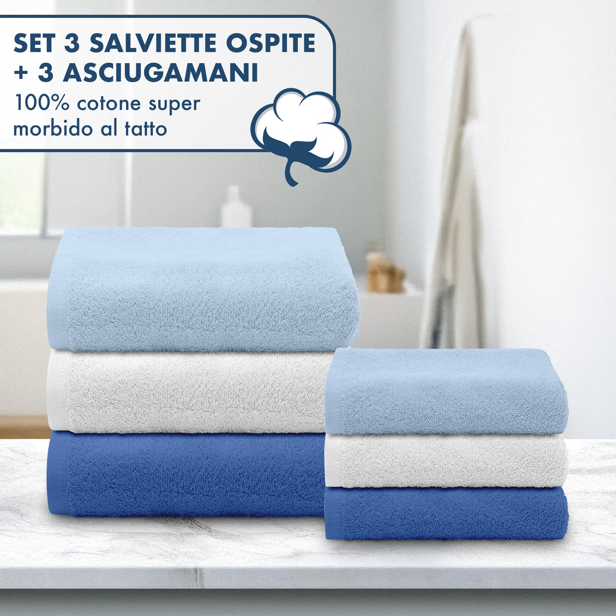 Asciugamani Bagno 100% Spugna Puro Cotone 450 Gr 6 Pezzi 3 Salvietta Viso 3 Asciugamano Ospite Mani Qualità Salviette Super Morbide Bicolore