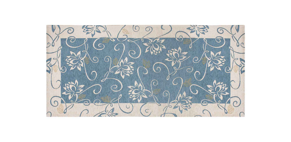 Tappeto Arredo Moderno Antiscivolo in Ciniglia Made in italy Disegni Piazzati Cotone Ninfea Azzurro