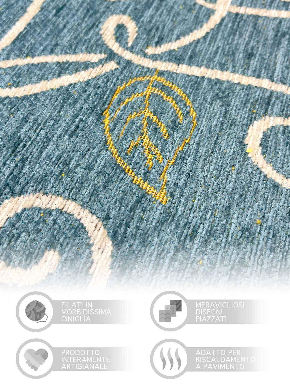 Tappeto Arredo Moderno Antiscivolo in Ciniglia Made in italy Disegni Piazzati Cotone Ninfea Azzurro