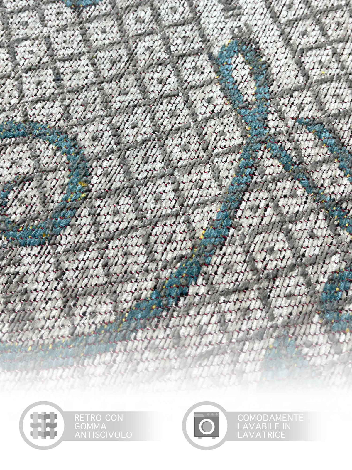 Tappeto Arredo Moderno Antiscivolo in Ciniglia Made in italy Disegni Piazzati Cotone Ninfea Azzurro