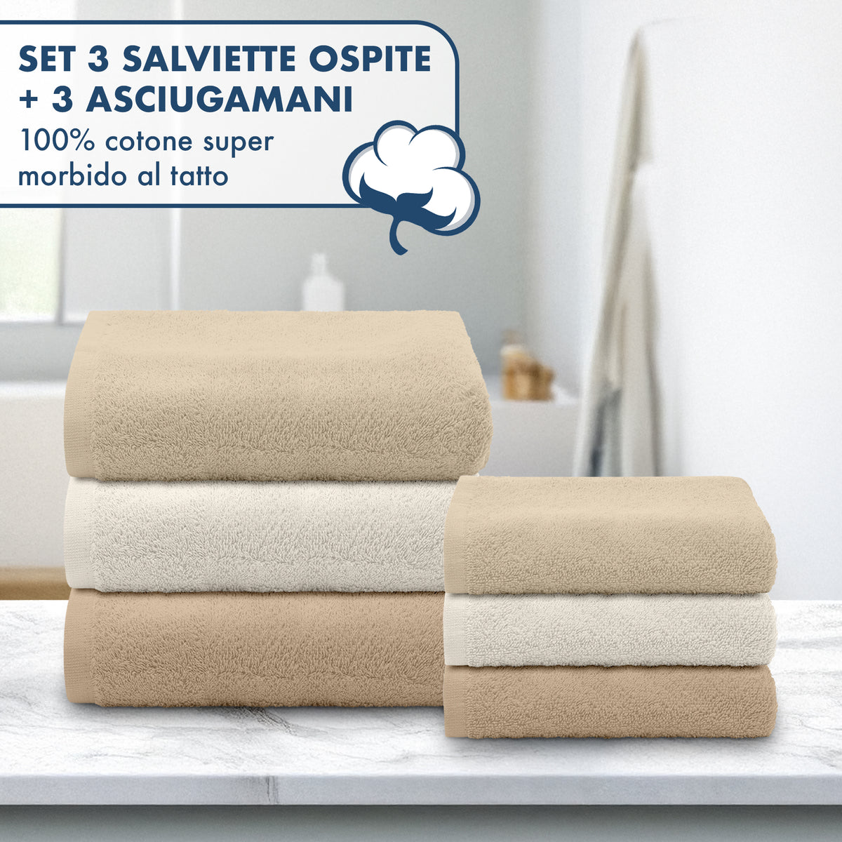 Asciugamani Bagno 100% Spugna Puro Cotone 450 Gr 6 Pezzi 3 Salvietta Viso 3 Asciugamano Ospite Mani Qualità Salviette Super Morbide Bicolore