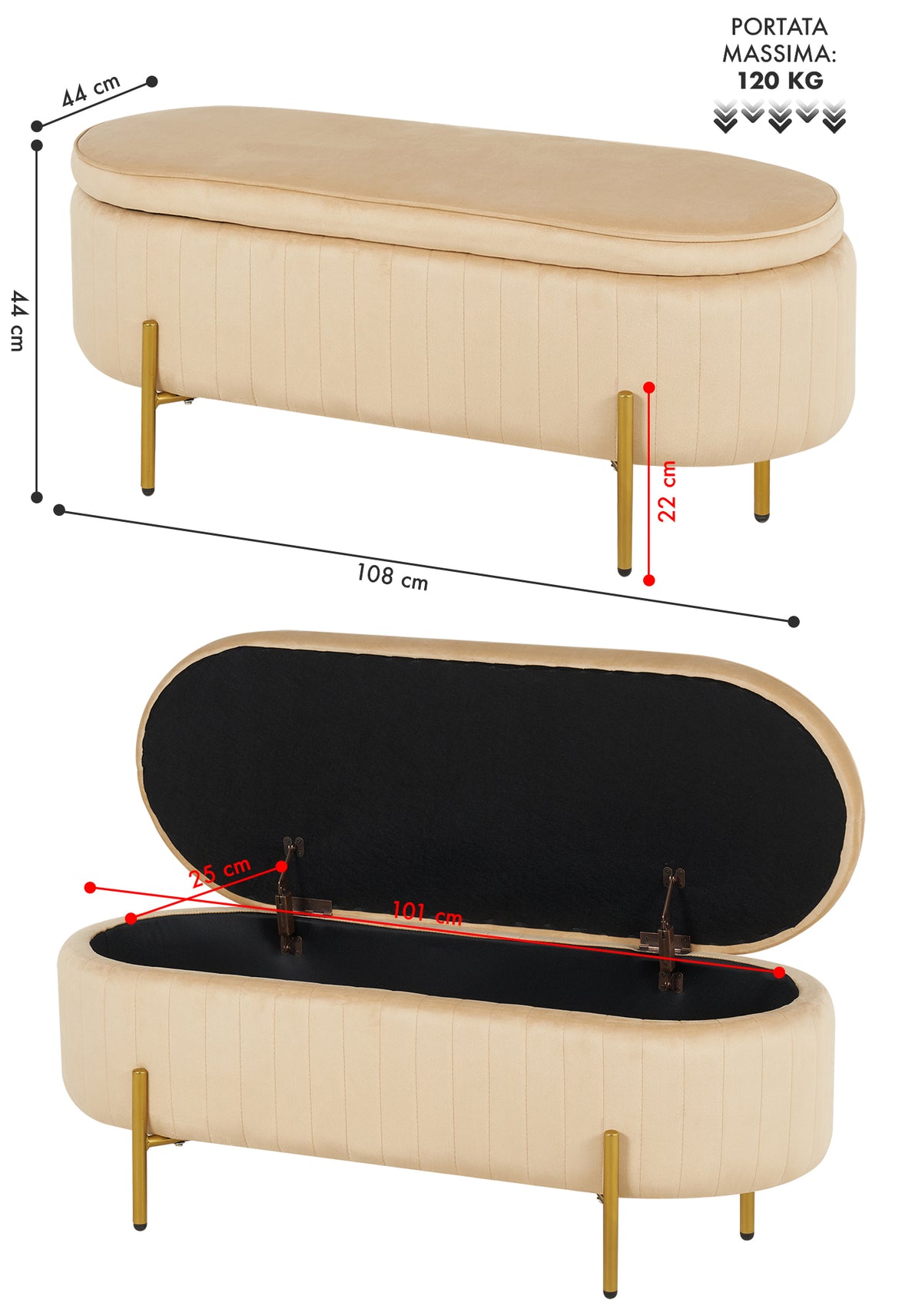 Panca Imbottita Divanetto In Velluto Contenitore Pouf Grande XXL PortaOggetti  Panca Sgabello A Pie Di Letto Con Gambe In Metallo Dorato Cassapanca Ingresso Legno Massello Panchina