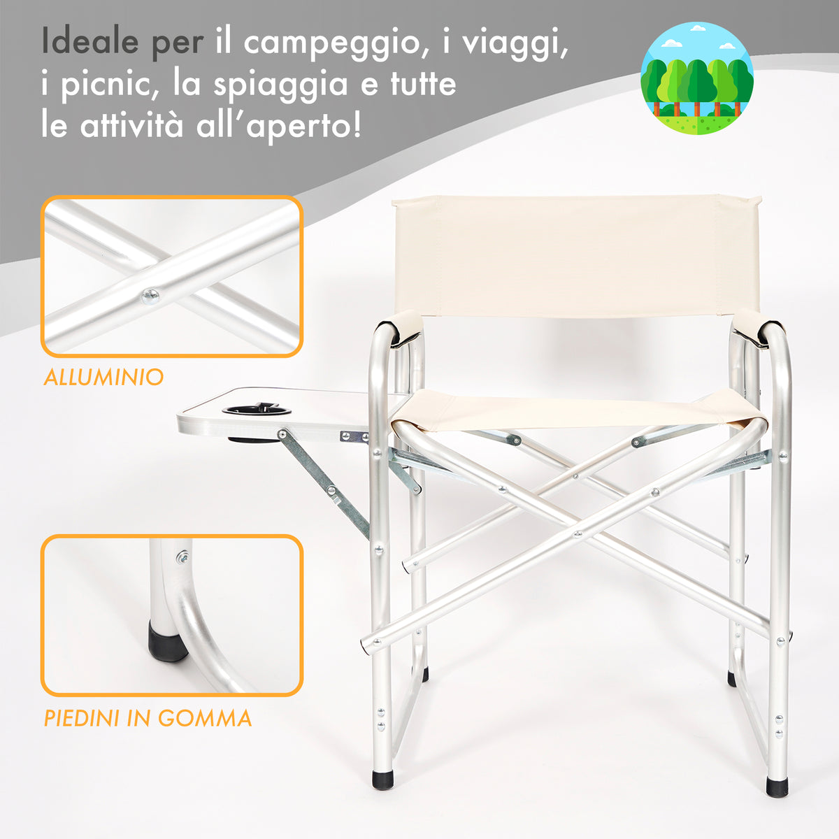 Sedia Sgabello Regista Poltrona Pieghevole in Alluminio Lavabile Leggera Lavabile con Tavolino Porta Bibite Incluso Campeggio Mare Spiaggia