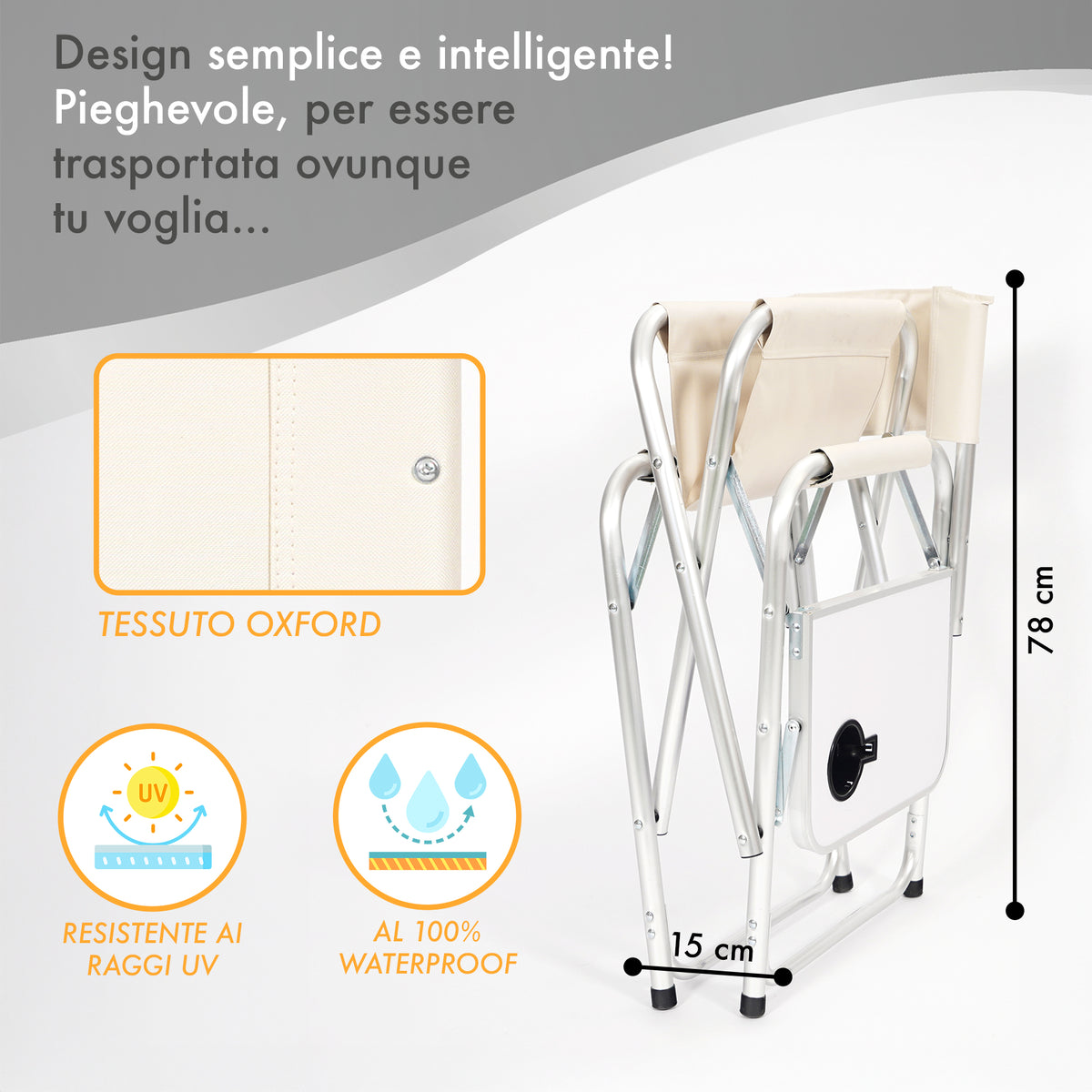 Sedia Sgabello Regista Poltrona Pieghevole in Alluminio Lavabile Leggera Lavabile con Tavolino Porta Bibite Incluso Campeggio Mare Spiaggia