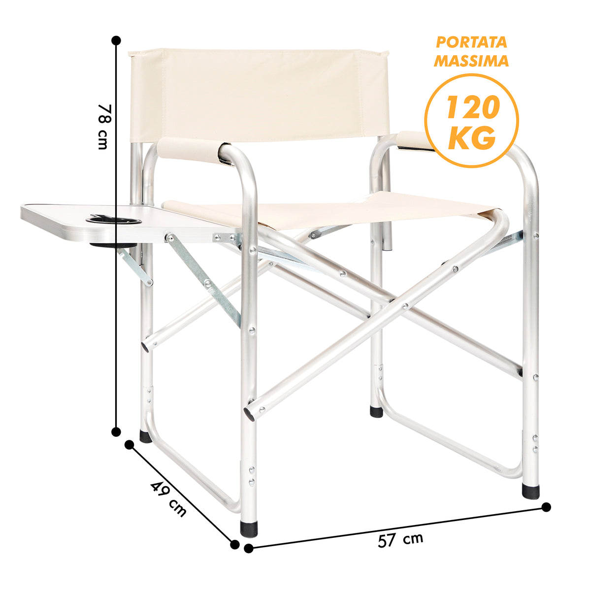 Sedia Sgabello Regista Poltrona Pieghevole in Alluminio Lavabile Leggera Lavabile con Tavolino Porta Bibite Incluso Campeggio Mare Spiaggia
