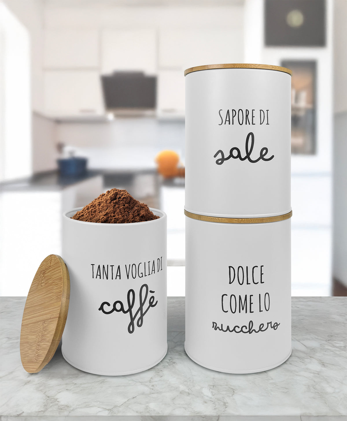 Set 3 Pezzi Barattoli Cucina Contenitori Certificati Contatto Alimentare Contenitore Sale Zucchero Caffè Moderne Scritte Barattolo Con Coperchio Ermetico Legno Bambù Dispenser Organizzatori Alimenti Spezie
