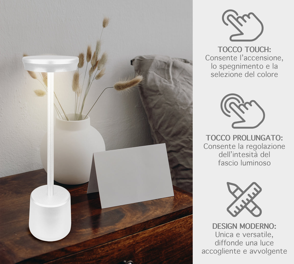 Coppia Di Lampada Da Tavolo LED Set 2 Pezzi Design Moderno Senza Fili Ricaricabile Controllo Touch Selezione Colore Intensità Dimmerabile Altezza Regolabile Con Adattatore Per Bottiglia 3000/4500/600K