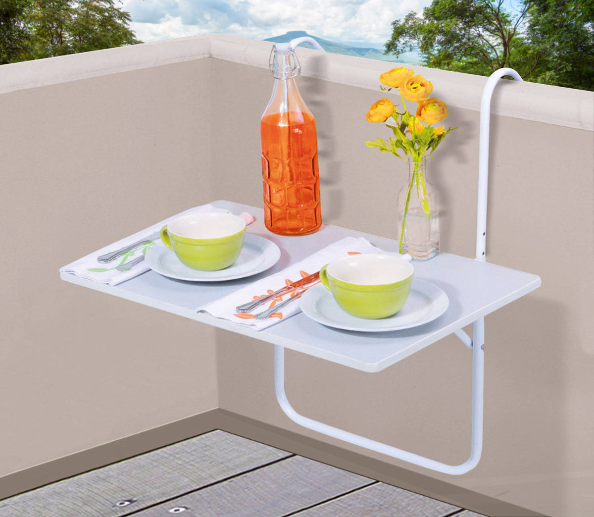Tavolino Pieghevole Da Balcone 60x40Cm Tavolo Sospeso Da Appendere Alla Ringhiera Richiudibile Salvaspazio Altezza Regolabile Struttura In Metallo Impermeabile Uv Resistent Antiruggine