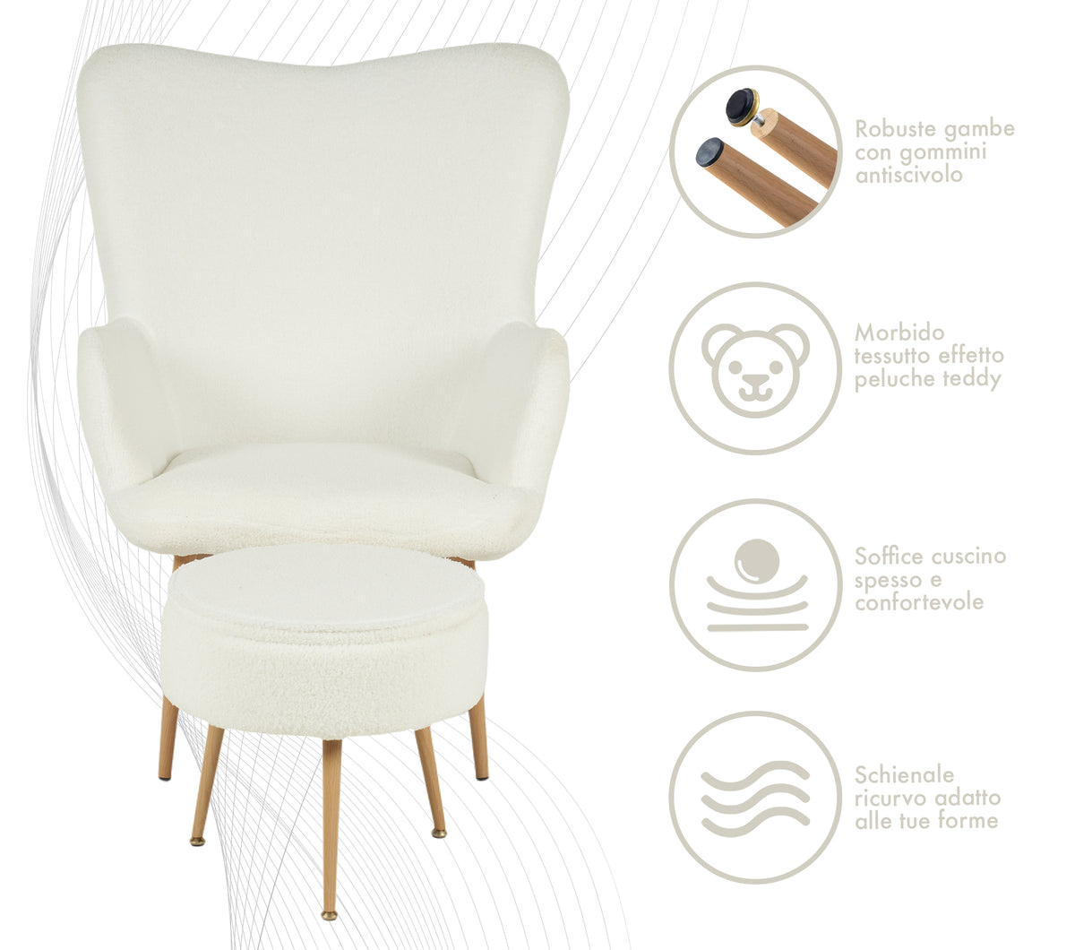 Poltrona Imbottita Ergonomica Con Schienale E Braccioli Con Poggiapiedi Contenitore Camera Da Letto Salotto Moderna Pouf Sedia Effetto Teddy Morbida