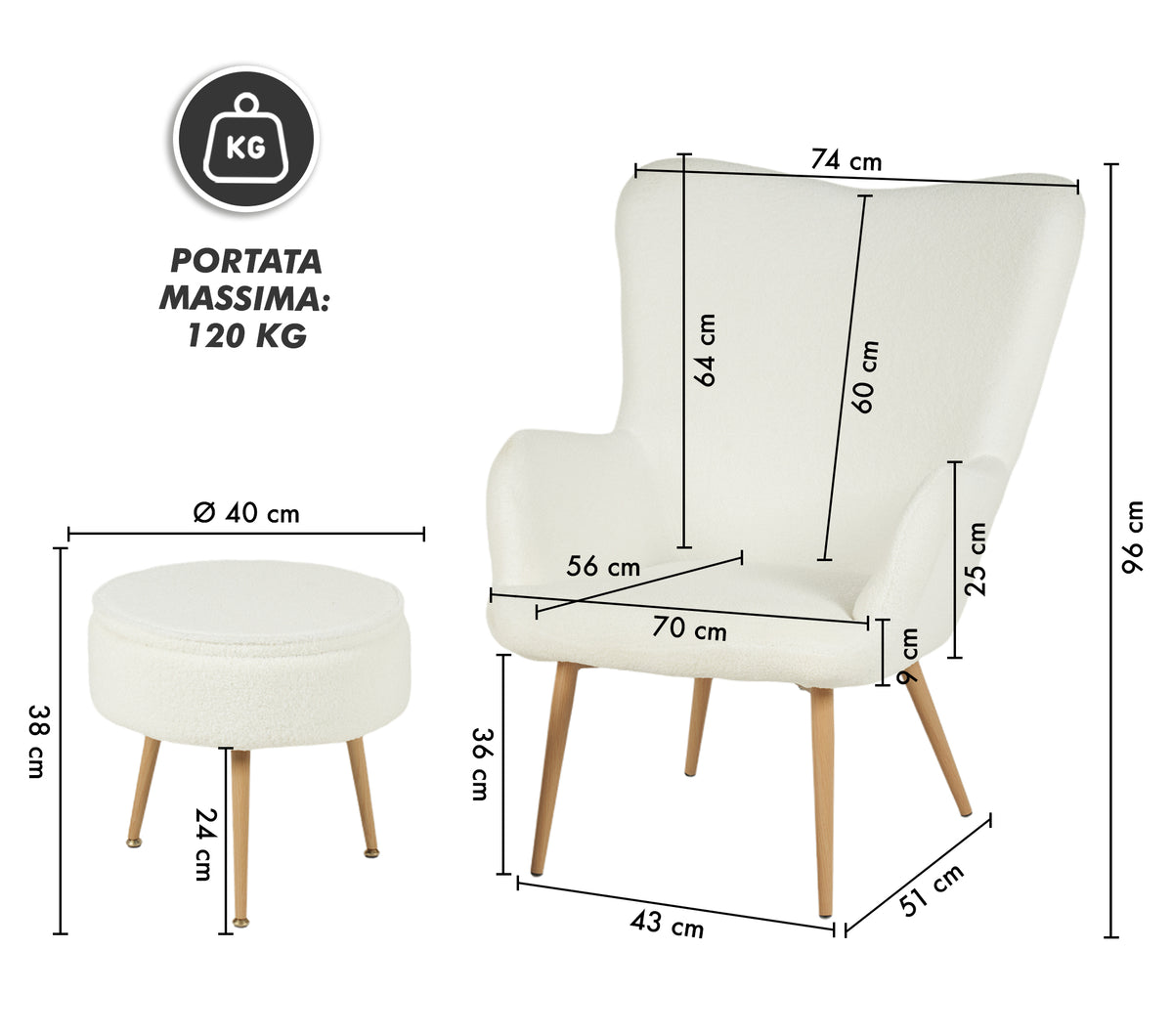 Poltrona Imbottita Ergonomica Con Schienale E Braccioli Con Poggiapiedi Contenitore Camera Da Letto Salotto Moderna Pouf Sedia Effetto Teddy Morbida