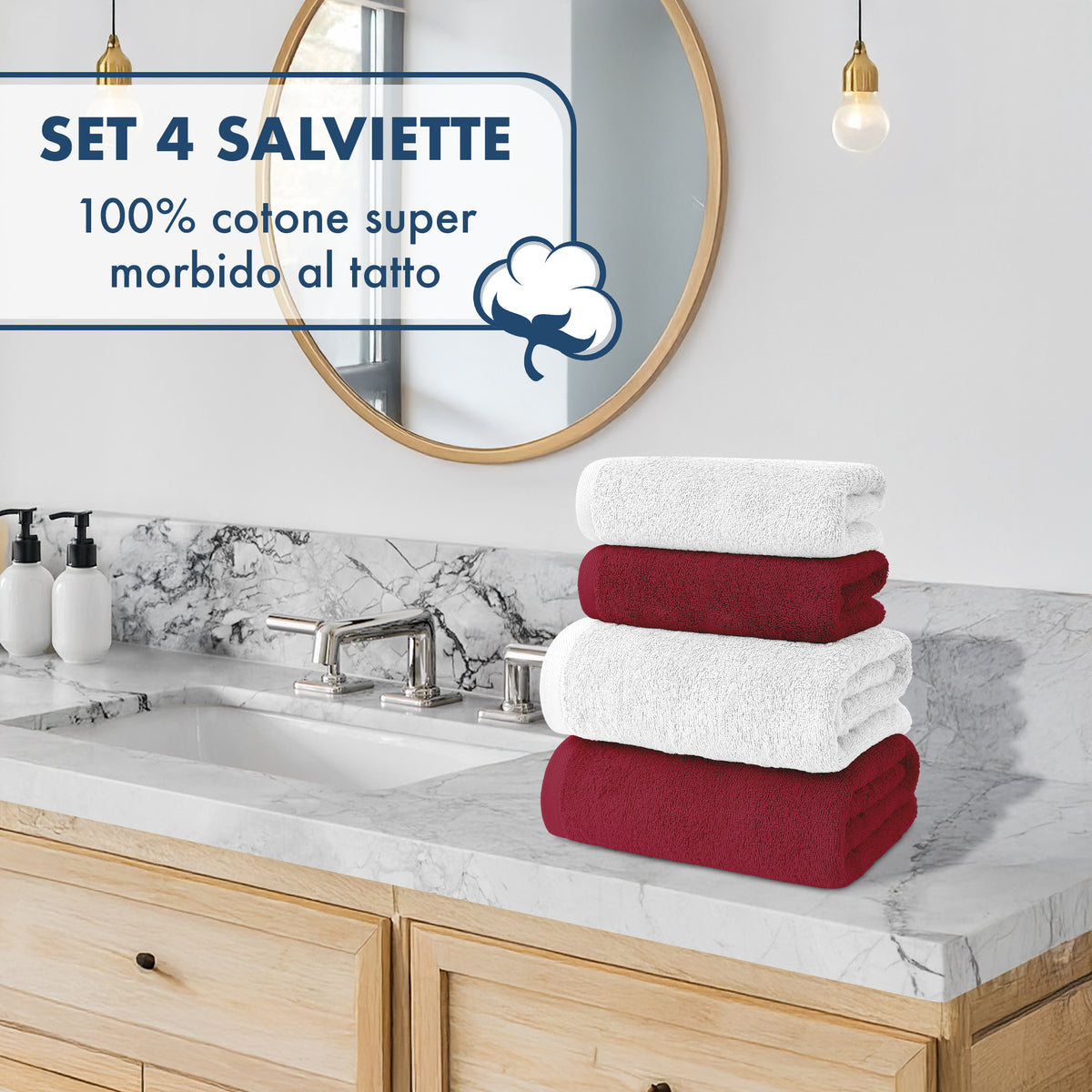 Asciugamani Bagno 100% Spugna Puro Cotone 500 Gr 4 Pezzi 2 Salvietta Viso 2 Asciugamano Ospite Mani Qualità Certificato Oeko-Tex Salviette Super Morbide Bicolore