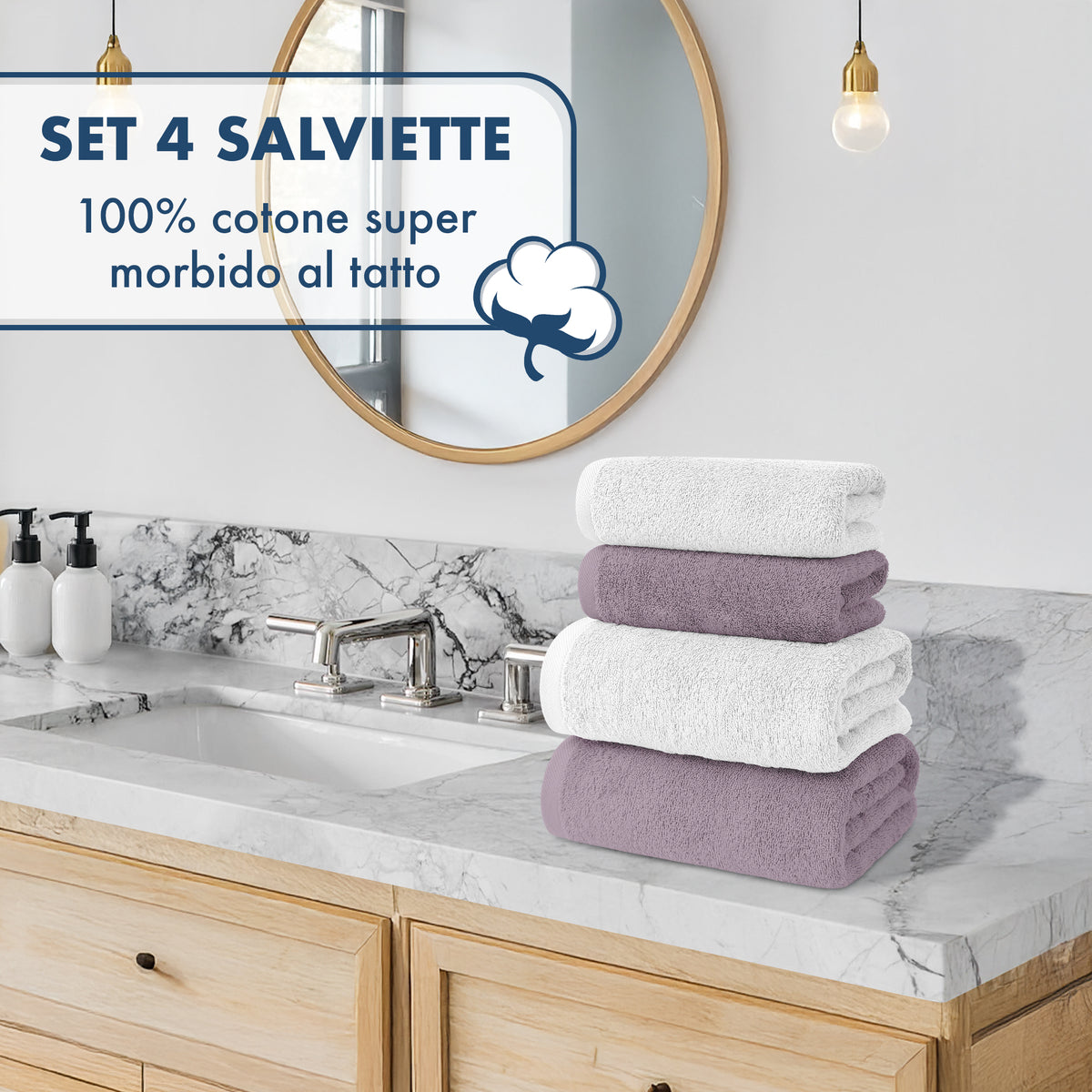 Asciugamani Bagno 100% Spugna Puro Cotone 500 Gr 4 Pezzi 2 Salvietta Viso 2 Asciugamano Ospite Mani Qualità Certificato Oeko-Tex Salviette Super Morbide Bicolore