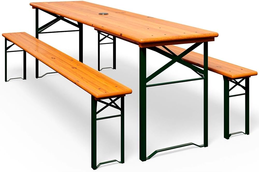 Set Birreria 200 x 70 Cm XL 8 Posti 3 Pezzi 2 Panche 1 Tavolo Pieghevole Panca Da Feste Sagra Legno Abete Struttura Acciaio Richiudibile Feste Giardino Festa Birra