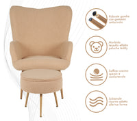 Poltrona Imbottita Ergonomica Con Schienale E Braccioli Con Poggiapiedi Contenitore Camera Da Letto Salotto Moderna Pouf Sedia Effetto Teddy Morbida
