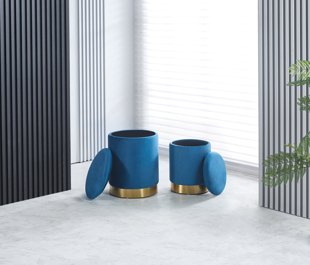 Set Di 2 Pouf Contenitori In Velluto Design Moderno Poggiapiedi,Sgabello Tondo con Coperchio Rimovibile e Seduta Imbottita Alta Densità Con Fascia In Metallo Contenitore Capiente Storage Box