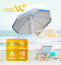 Ombrellone Da Spiaggia Grande Antivento 2.20 Metri Portatile Struttura In Acciaio A 8 Stecche Pieghevole Reclinabile Regolabile Altezza Puntale A Vite Resistente Uv
