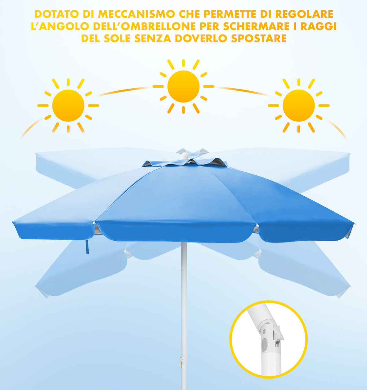 Ombrellone Da Spiaggia Grande Antivento 2.20 Metri Portatile Struttura In Acciaio A 8 Stecche Pieghevole Reclinabile Regolabile Altezza Puntale A Vite Resistente Uv
