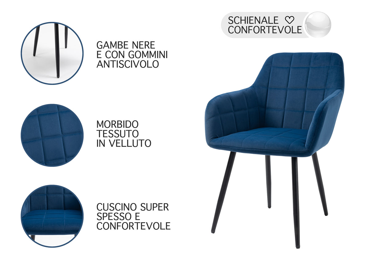 Poltroncina Classica con Braccioli per Camera da Letto in Velluto Design Moderno, con Gambe in Metallo Modello Odette