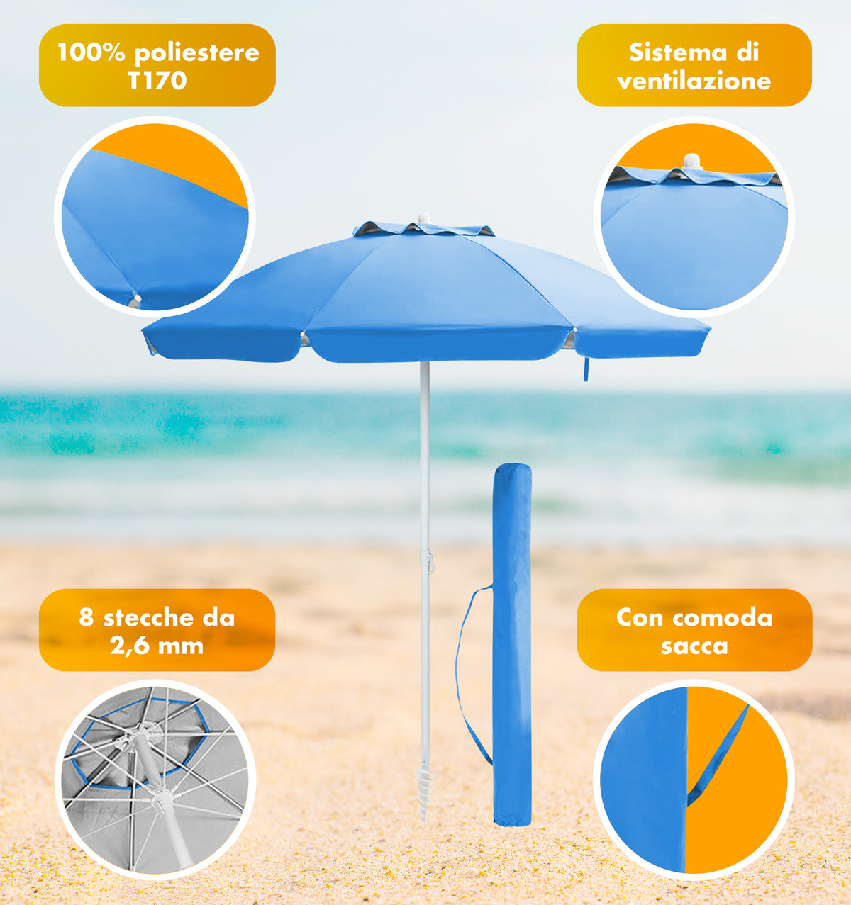 Ombrellone Da Spiaggia Grande Antivento 2.20 Metri Portatile Struttura In Acciaio A 8 Stecche Pieghevole Reclinabile Regolabile Altezza Puntale A Vite Resistente Uv
