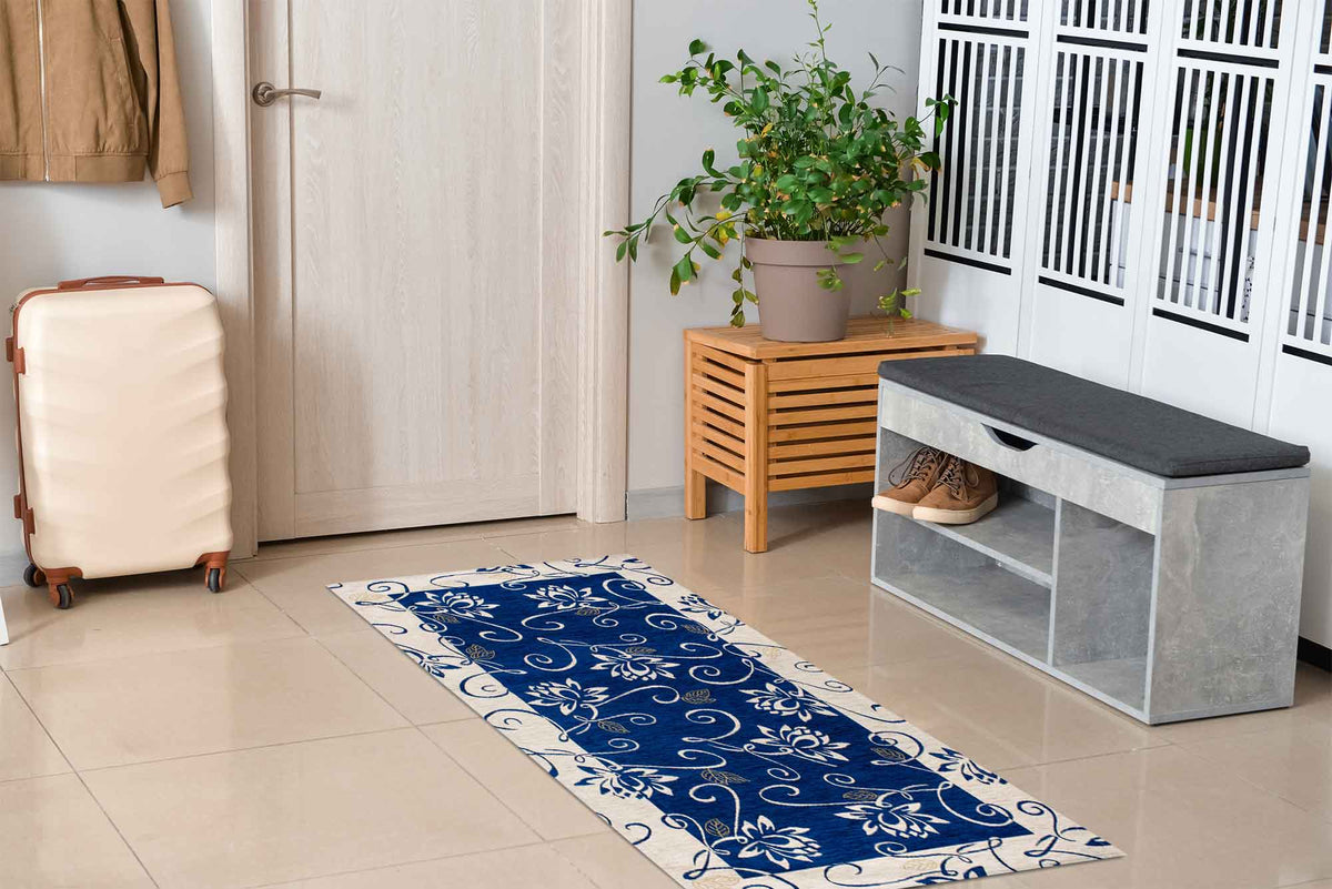 Tappeto Arredo Moderno  Antiscivolo in Ciniglia Made in italy  Cotone Ninfea BluNotte
