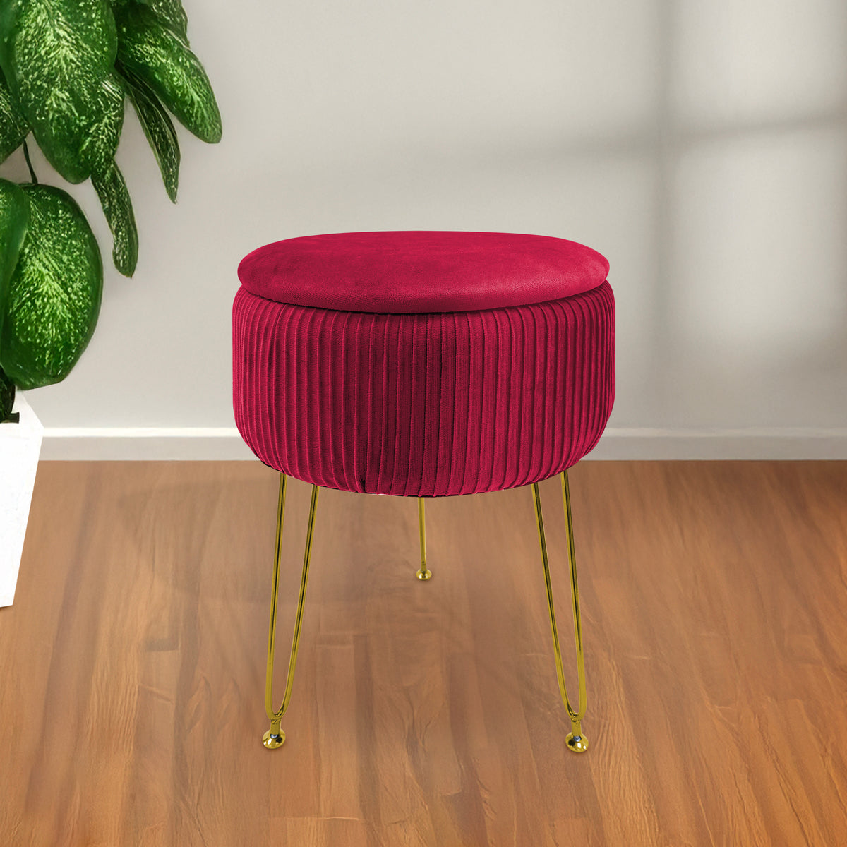 Pouf Rotondo In Velluto Con Contenitore Portaoggetti Sgabello Toeletta Trucco Tavolino Caffè Ripiano Legno Salotto Poggiapiedi Con Gambe Color Oro