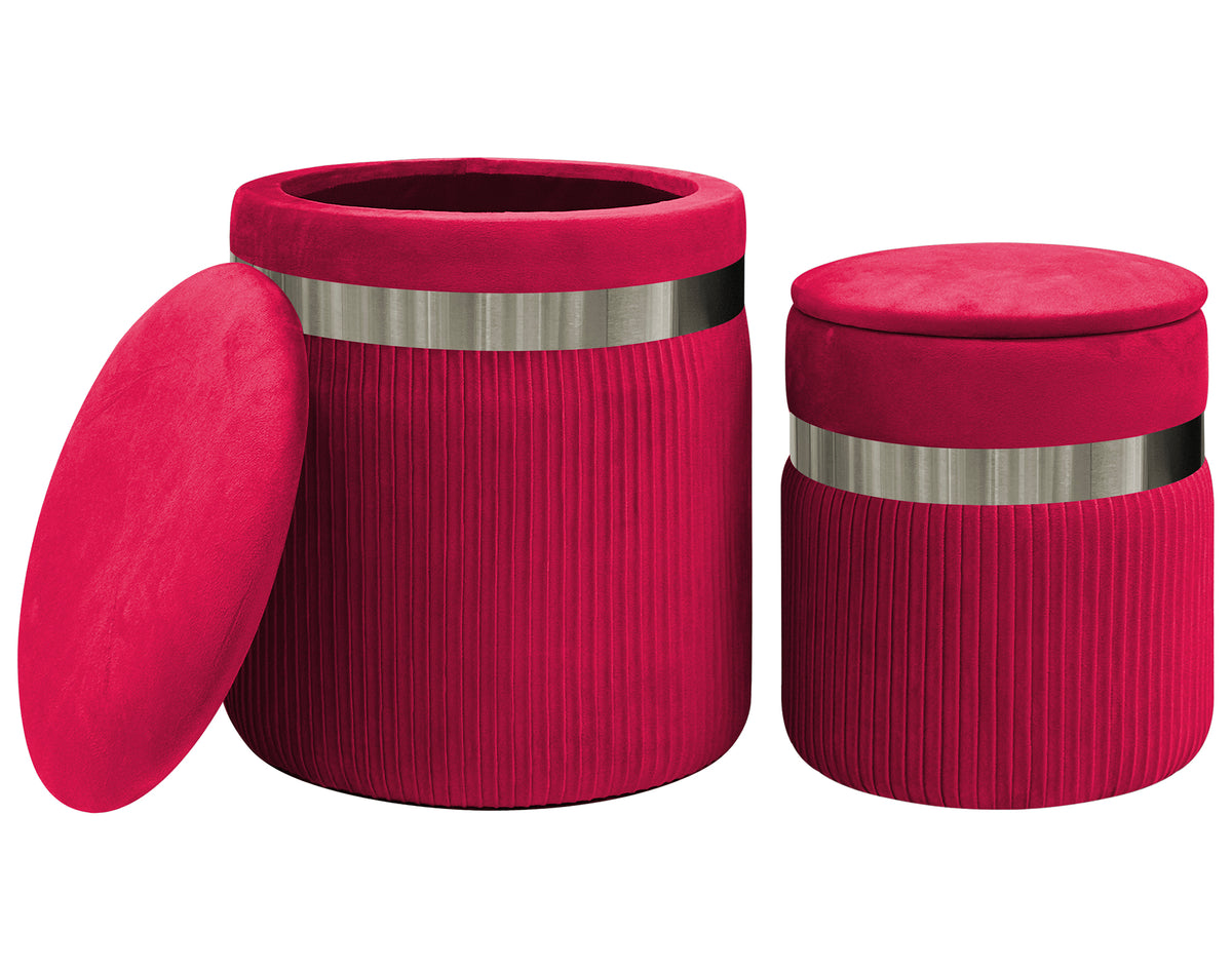 Set Di 2 Pouf Contenitori In Velluto Design Moderno Poggiapiedi,Sgabello Tondo con Coperchio Rimovibile e Seduta Imbottita Alta Densità Con Fascia In Metallo Contenitore Capiente Storage Box