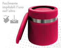 Set Di 2 Pouf Contenitori In Velluto Design Moderno Poggiapiedi,Sgabello Tondo con Coperchio Rimovibile e Seduta Imbottita Alta Densità Con Fascia In Metallo Contenitore Capiente Storage Box