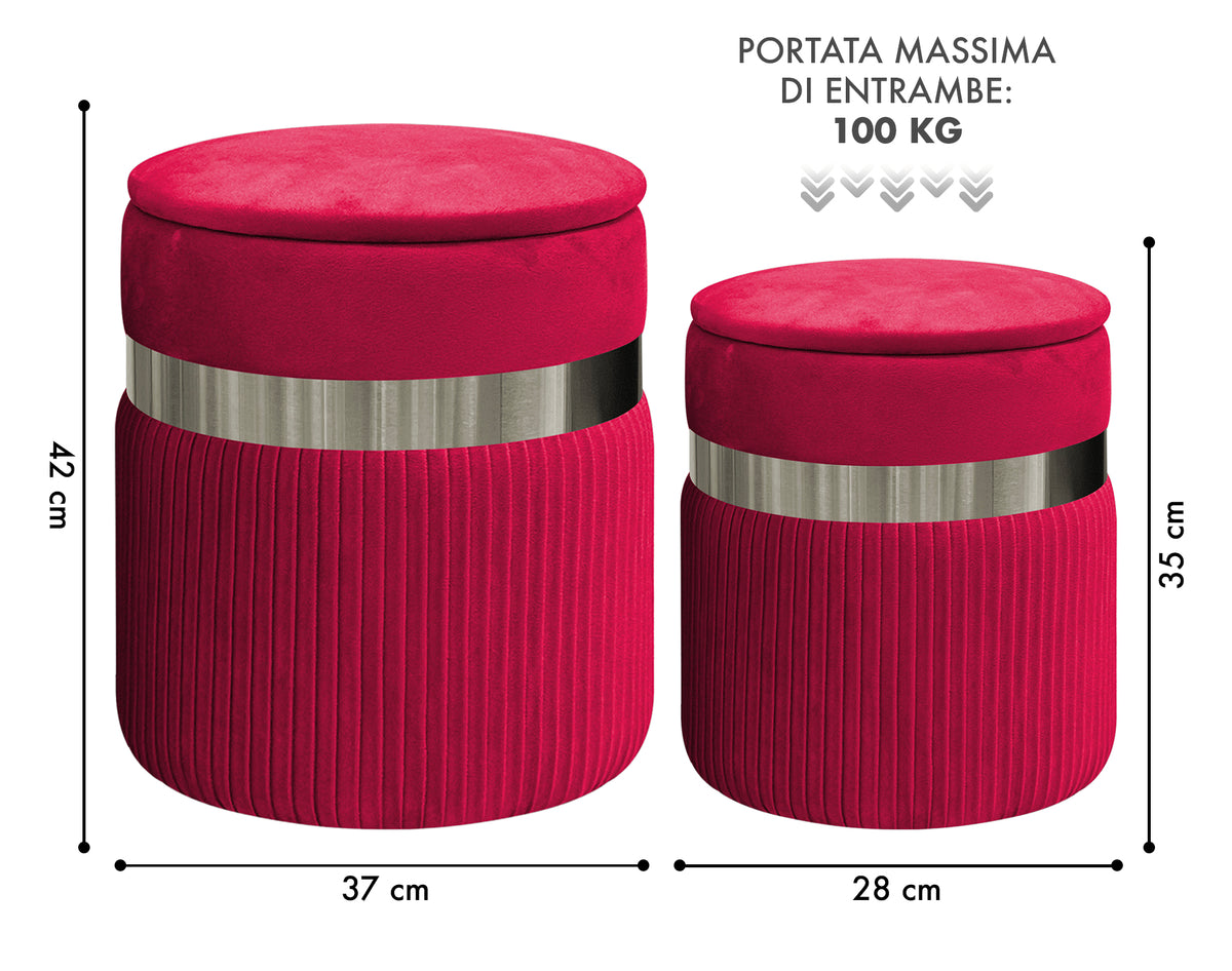 Set Di 2 Pouf Contenitori In Velluto Design Moderno Poggiapiedi,Sgabello Tondo con Coperchio Rimovibile e Seduta Imbottita Alta Densità Con Fascia In Metallo Contenitore Capiente Storage Box