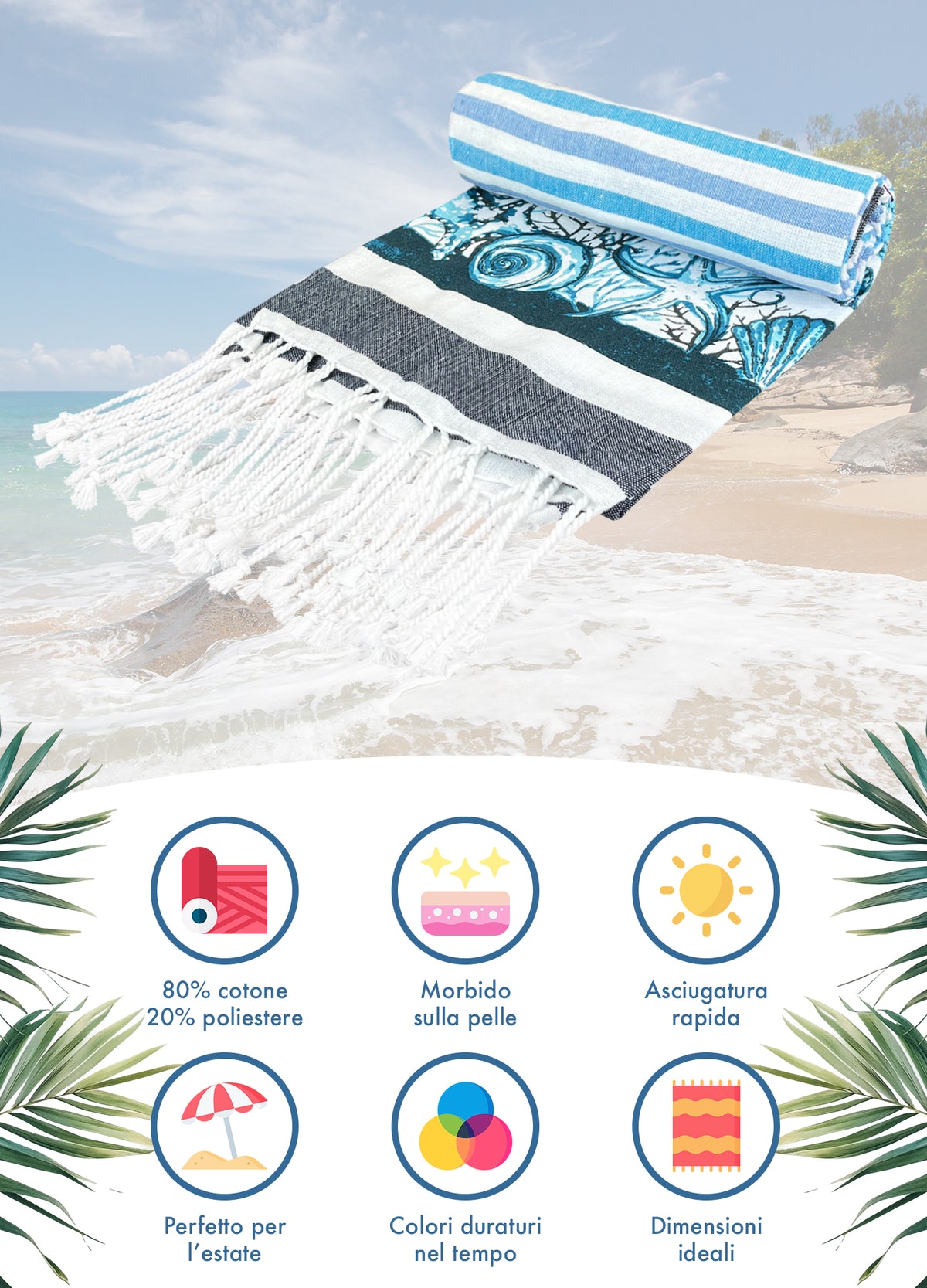 Telo Mare Con Frange Asciugamano Da Spiaggia Misura Grande 90x190 Cm Assorbente In Morbido Cotone Leggero Stampe Moderne Anti Sabbia Lettino Vacanze Piscina