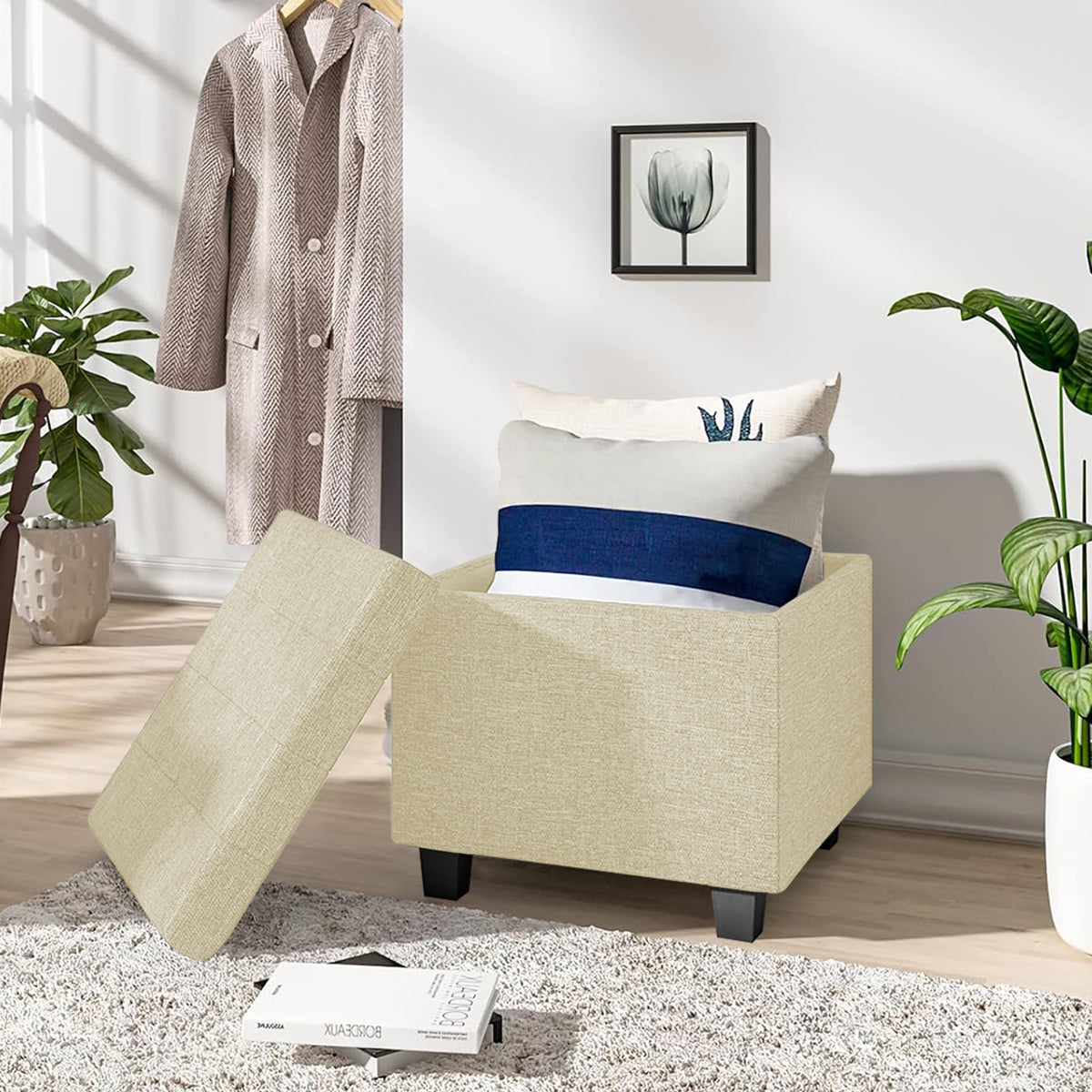 Pouf Poggiapiedi Cubico XXL Con Contenitore Integrato Cubo Imbottito Lino 45Cm Piedini legno Panca Moderna Cassapanca