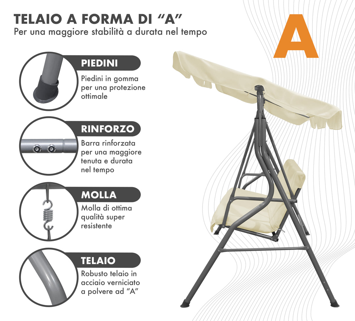 Dondolo da Giardino 3 Posti con Tetto Parasole Regolabile Reclinabile Impermeabile Struttura in Acciaio 173x109x157 Cm Tinta Unita Seduta Ammortizzata
