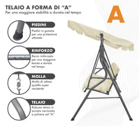 Dondolo da Giardino 3 Posti con Tetto Parasole Regolabile Reclinabile Impermeabile Struttura in Acciaio 173x109x157 Cm Tinta Unita Seduta Ammortizzata