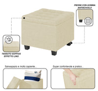 Pouf Poggiapiedi Cubico XXL Con Contenitore Integrato Cubo Imbottito Lino 45Cm Piedini legno Panca Moderna Cassapanca