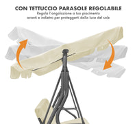 Dondolo da Giardino 3 Posti con Tetto Parasole Regolabile Reclinabile Impermeabile Struttura in Acciaio 173x109x157 Cm Tinta Unita Seduta Ammortizzata