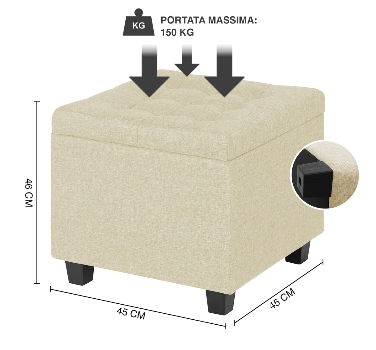 Pouf Poggiapiedi Cubico XXL Con Contenitore Integrato Cubo Imbottito Lino 45Cm Piedini legno Panca Moderna Cassapanca