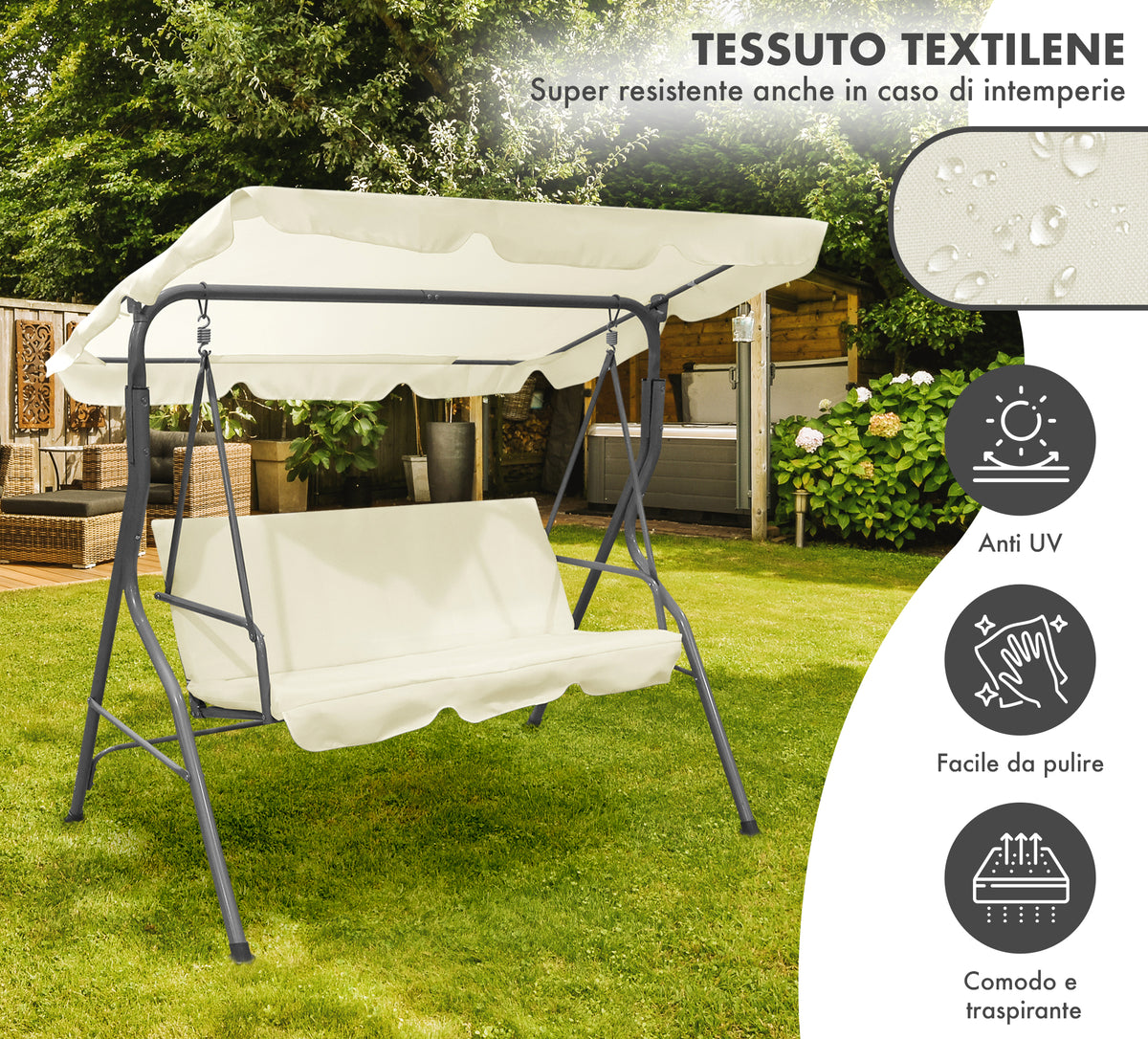 Dondolo da Giardino 3 Posti con Tetto Parasole Regolabile Reclinabile Impermeabile Struttura in Acciaio 173x109x157 Cm Tinta Unita Seduta Ammortizzata