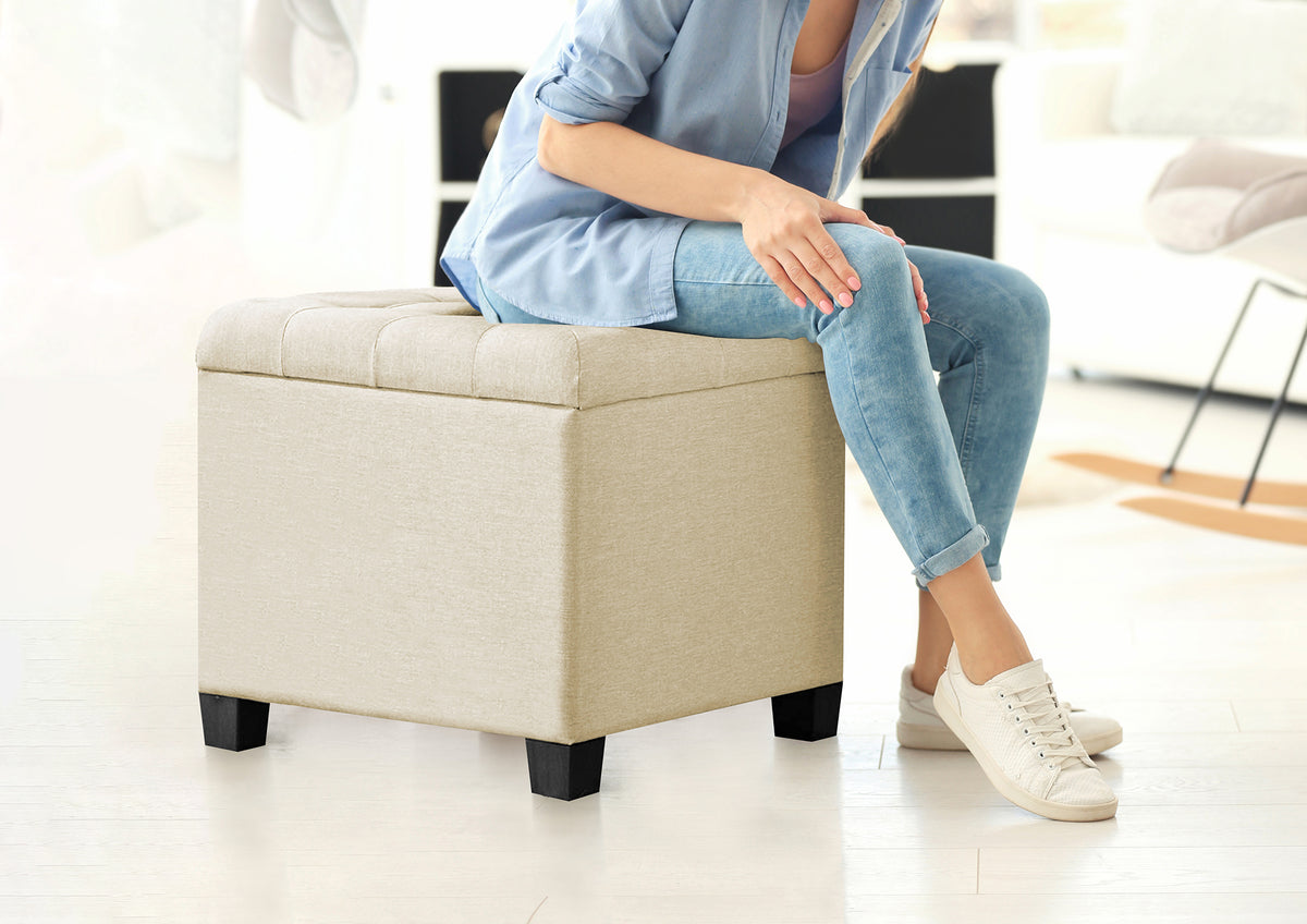 Pouf Poggiapiedi Cubico XXL Con Contenitore Integrato Cubo Imbottito Lino 45Cm Piedini legno Panca Moderna Cassapanca