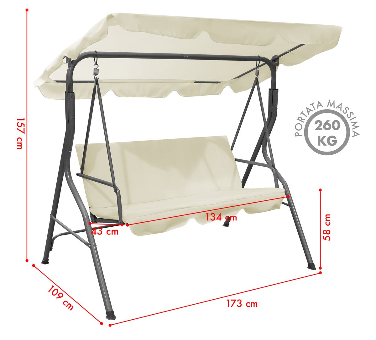 Dondolo da Giardino 3 Posti con Tetto Parasole Regolabile Reclinabile Impermeabile Struttura in Acciaio 173x109x157 Cm Tinta Unita Seduta Ammortizzata