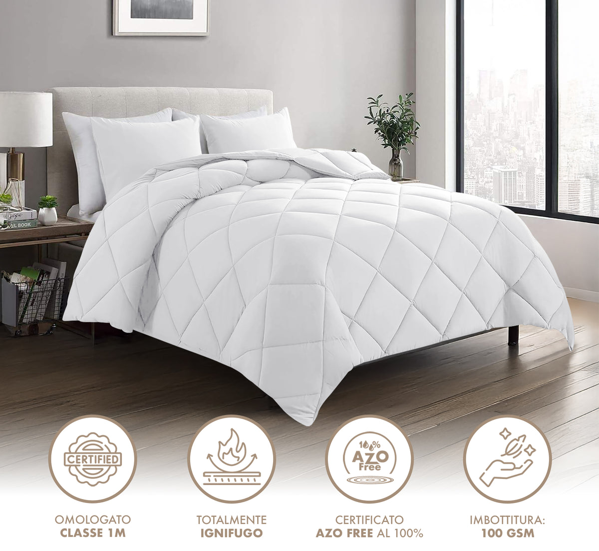 Piumino Letto Bianco Ignifugo Certificato Classe 1IM 100/200/300 Gr Microfibra Anallergica Manopesca Coperta Leggera Effetto Piuma Prodotto Italiano Hotel Strutture
