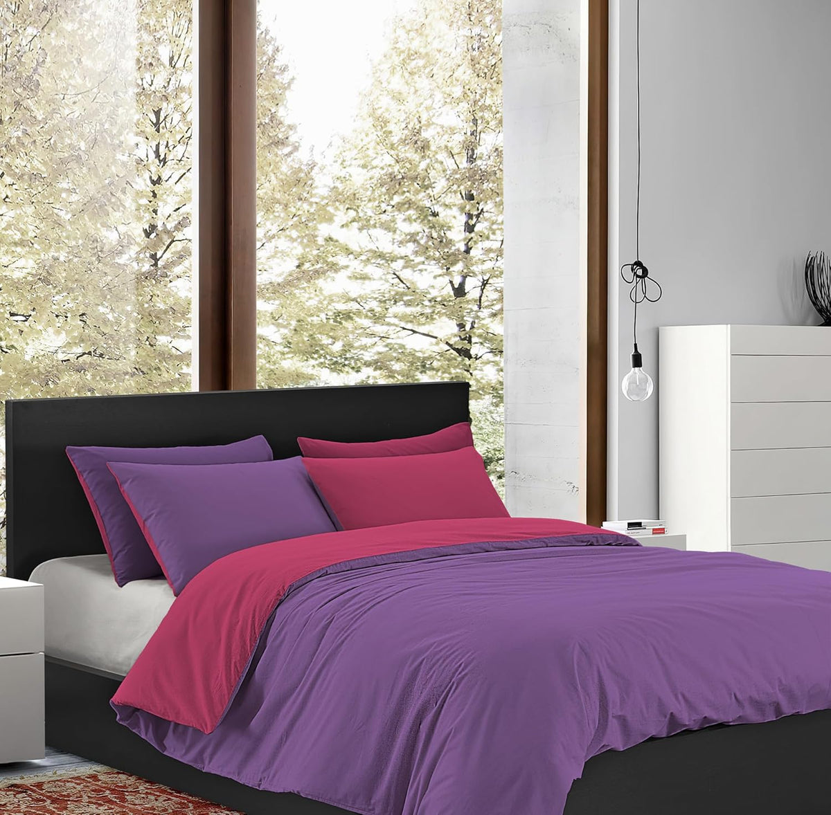 Copripiumino 100% Cotone Matrimoniale Double Face Made In Italy Bicolore Sacco e Federe Due Piazze Set Letto