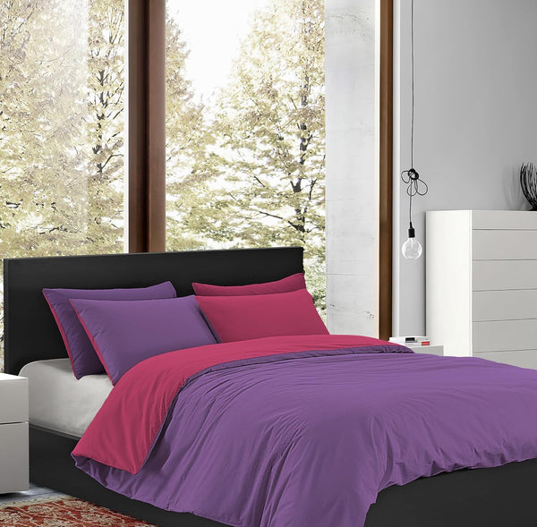 Copripiumino 100% Cotone Matrimoniale Double Face Made In Italy Bicolore Sacco e Federe Due Piazze Set Letto